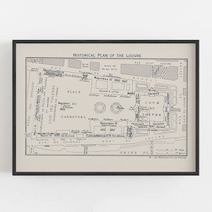 Historischer Plan des Louvre Paris Kunstdruck, Architekturzeichnung Poster, Grundriss der Kunstgalerie, Blaupause Wandkunst, französische Karte