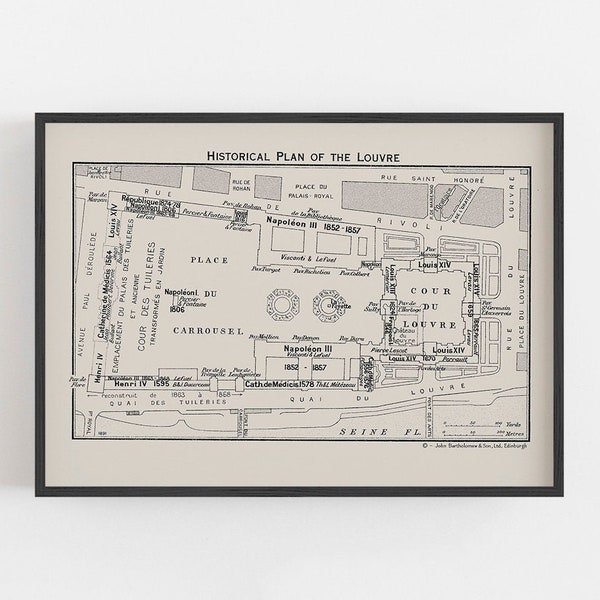 Plan historique du Louvre Paris Art Print, Affiche de dessin d’architecture, Plan d’étage de la galerie d’art, Plan d’art mural, Plan Français