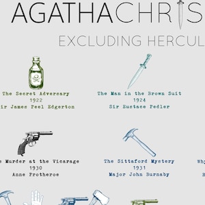 May include: A light gray poster featuring illustrations of objects and text from Agatha Christie novels. The title "AGATHA CHRIS" is at the top, with "EXCLUDING HERCUL" below. Includes a poison bottle, dagger, revolver, and hammer.