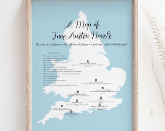 Map of Jane Austen Novels Print A3 A4 - Pride and Prejudice - Literary Poster - Bookworm Gift for Wife