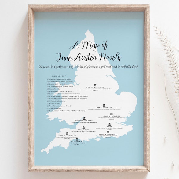 Carte des romans de Jane Austen Print A3 A4 - Orgueil et préjugés - Affiche littéraire - Cadeau de rat de bibliothèque pour femme