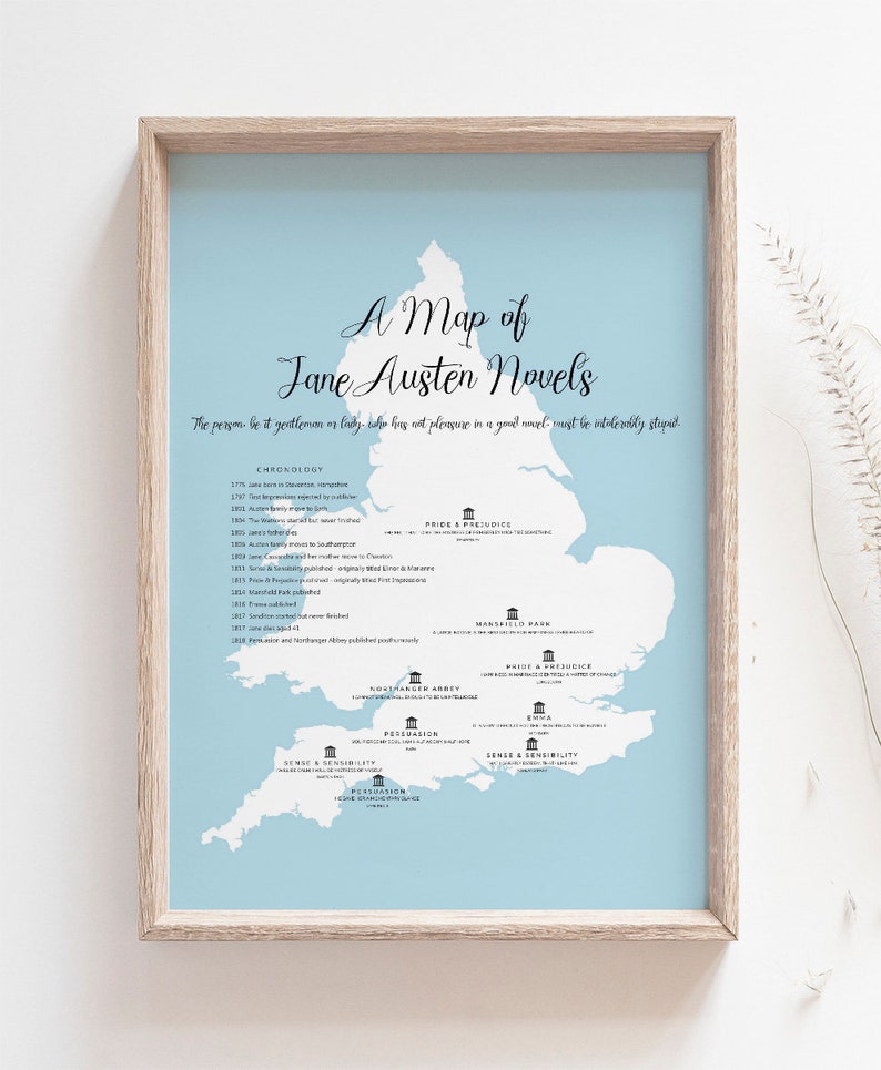 Map of Jane Austen Novels Print A3 A4 Pride and Prejudice Literary Poster Bookworm Gift for Wife image 1