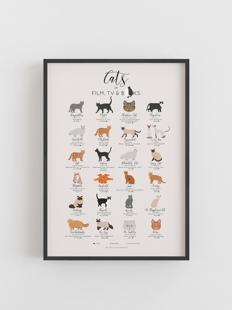 Cats in Film, TV and Books Print, Gifts For Cat Lover, Infographic Cat Breed Poster, Cat Wall Art Decor, Fine Art A1 A2 A3 Giclee Poster image 1