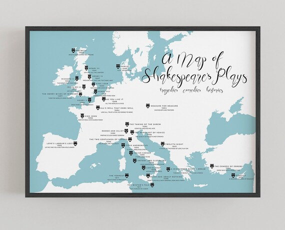 William Shakespeare Literary Map Of Plays Book Lover Gift Etsy