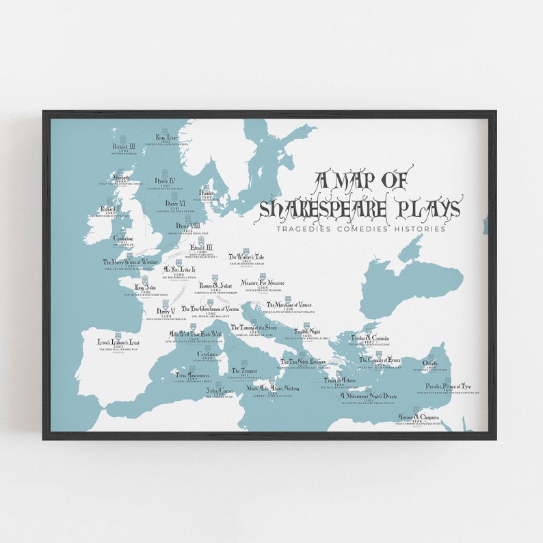 William Shakespeare Literary Map of Plays 2021 Updated Edition Book Lover Gift Literary Quote Poster A1, A2, A3 Giclee Print image 1