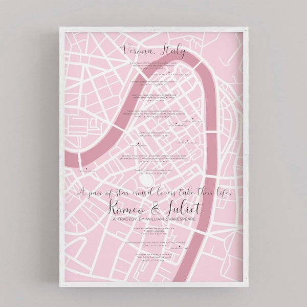 Romeo Juliet Poster - Wedding Gift - Shakespeare Literary Love Quotes Print - Verona Italy Street Map