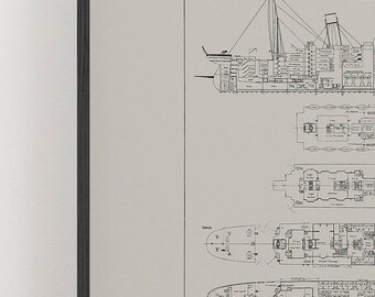 A3 A2サイズ タイタニック号の設計図ポスター、船の設計図ファイン