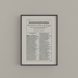 Henry IV Part One First Folio Print, William Shakespeare Fine Print, Giclee Print, Book Page Poster, Dorm Decor, Literary Wall Decor