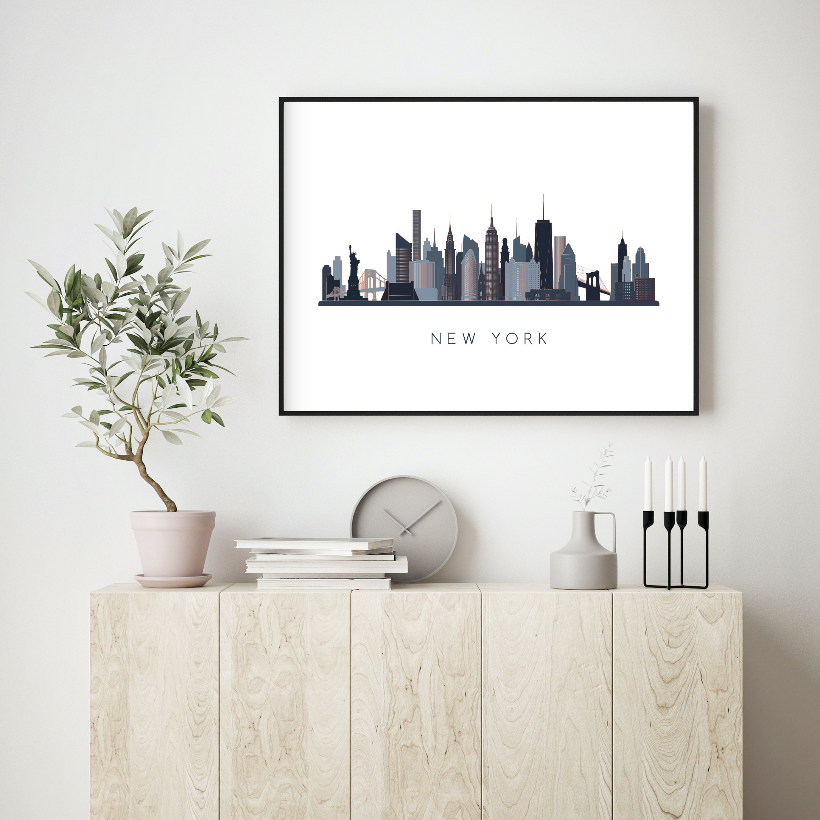 New York Skyline Digital Print. Rose Gold Art Print. Blue New Etsy