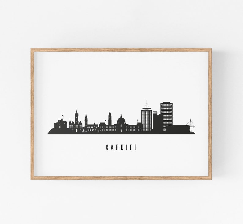 Cardiff Skyline Printable. Cardiff Wales Black White Wall Art. Etsy
