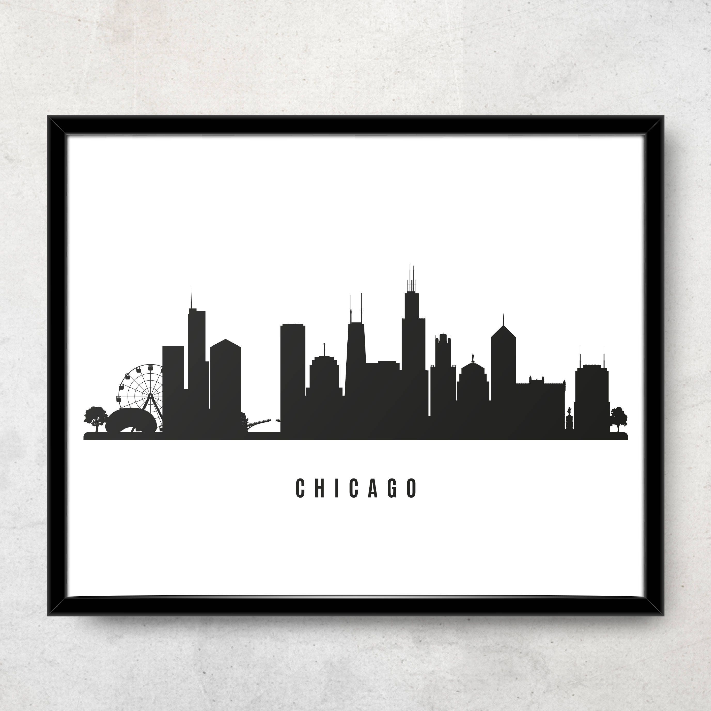Chicago Skyline Printable Chicago Black White Wall Art Etsy