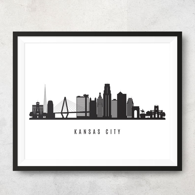 Kansas City Skyline Printable Black White Wall Art Kansas Etsy