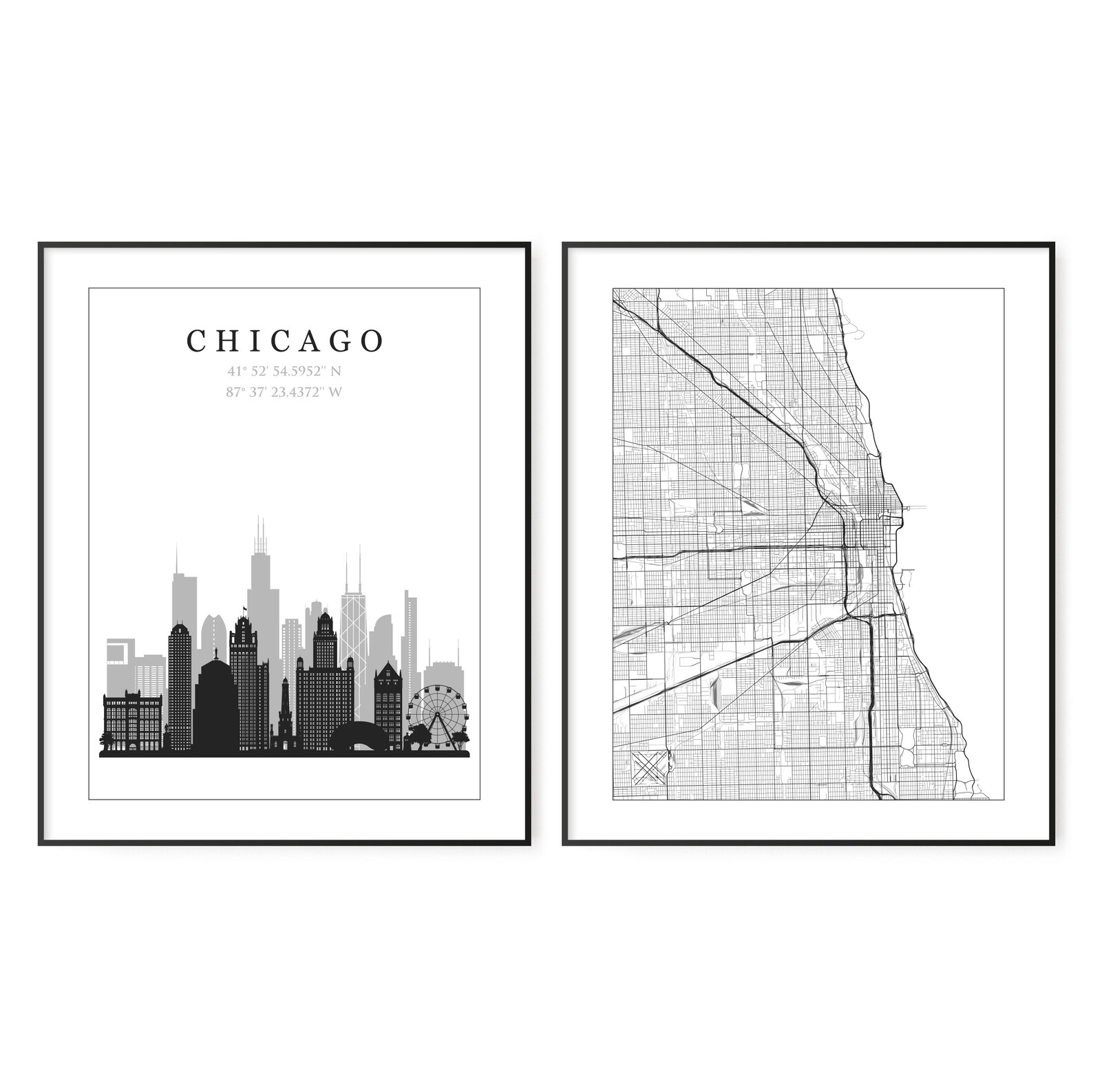 Chicago City Map and Skyline Wall Art. Set of 2 Chicago | Etsy