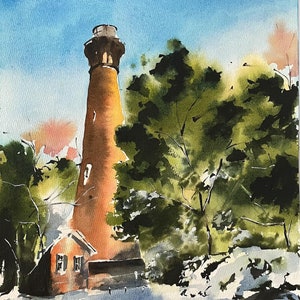 Currituck Beach Lighthouse Piccolo dipinto originale ad acquerello per la decorazione della casa in stile nautico