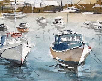 Cornwall Harbour Painting, Original Watercolour Boats, Coastal Art