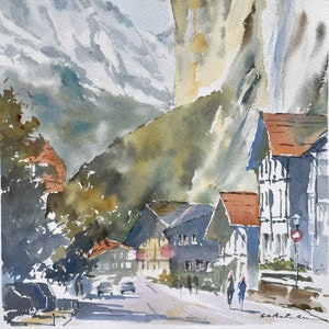 Lauterbrunnen Switzerland Watercolour Painting On Paper, Lauterbrunnen Gift Ideas, Mountain Living Room And  Home Decor Wall Art