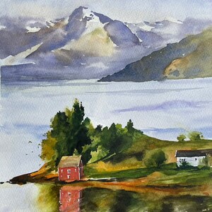 Bergen Watercolor Painting on Paper, Norway Seascape Painting, Fishing Village