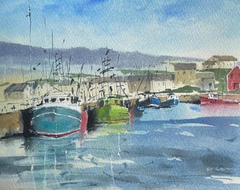 Cornish Harbor Fishing Boat, Original Watercolor Painting
