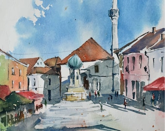 Tuzla Bosnia Watercolor Painting, European Cityscape Art (Digital Download)