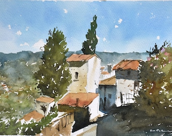 Tuscany Village Watercolor Painting, Original Art, Italy Decor