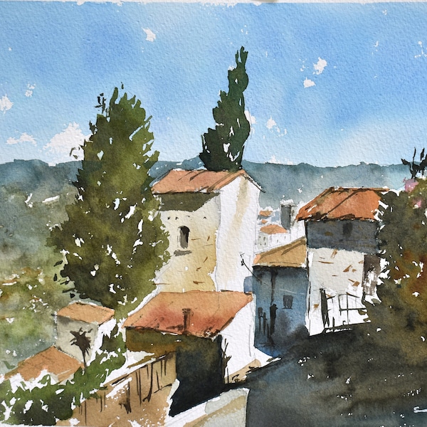 Tuscany Landscape Painting, Tuscany Watercolor Painting on Paper, Painting Gift, Italy Travel Decor, Watercolor Painting for Living Room
