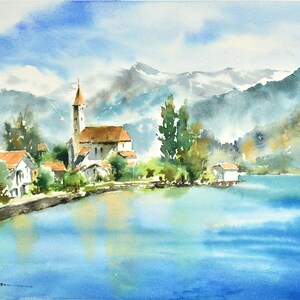 Switzerland Landscape, Painting On Paper, Swiss Landscape Art, Painting Gift for Traveller, Painting For Living Room