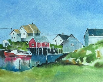 Nova Scotia Watercolor Painting on Paper, Seascape Painting, Peggys Cove Fishing Village