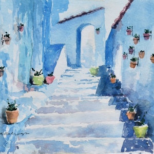 Pittura ad acquerello originale, vicolo della città blu, Chefchaouen, Marocco, regalo per i viaggiatori
