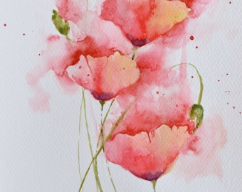 Original Poppy Watercolor Painting, Floral Wall Art
