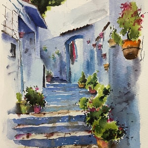 Chefchaouen Marocco Pittura ad acquerello originale, Vicolo della città blu , Regalo per il viaggiatore, Piccola pittura ad acquerello