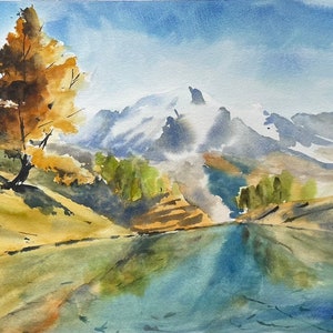 Lac Bleu of Arolla Switzerland Watercolour Painting On Paper, Mountain Living Room And  Home Decor Wall Art, Small Painting Original