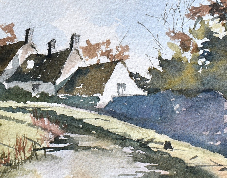 May include: Watercolor painting of a rural landscape featuring several white cottages with dark brown roofs. The scene includes trees with autumn foliage, a grassy area, and a pathway, all rendered in soft blues, greens, and browns.