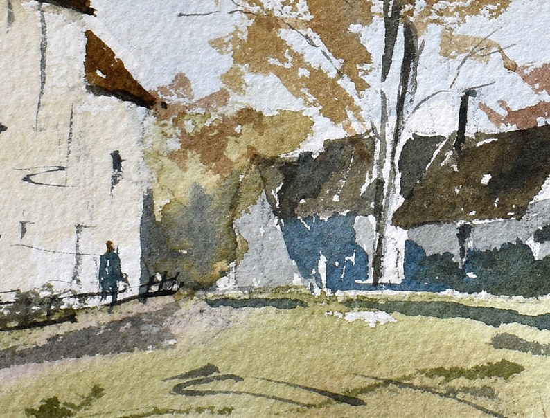 May include: Watercolor painting of a rural scene with buildings, trees, and a figure. The buildings have brown roofs and light-colored walls. The trees have brown and yellow leaves. A figure in a dark coat is walking on a path.