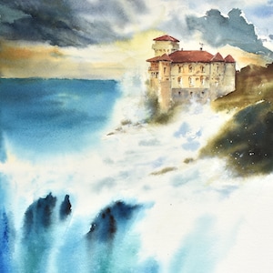 Toscana pittura originale acquerello castello toscano pittura sull'oceano, Italia Souvenir, regalo per il viaggiatore