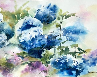 Blue Hydrangeas Watercolor Painting, Floral Wall Art