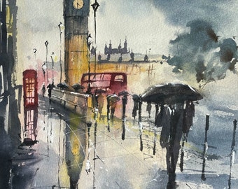 Rainy London Watercolor Painting, Big Ben and Red Buses, Signed Art