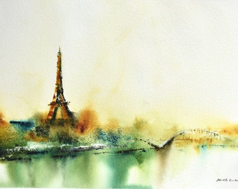 Original Eiffel Tower Watercolor Painting, Paris Cityscape, French Art