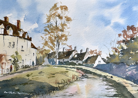 English Village Landscape Countryside Original Watercolor Painting, Cheltenham England Cottage Wall Art, England Gift