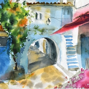 Acquarello originale e stampa d'arte di Blue City, Chefchaouen, Bouganvillea, decorazioni arabe, architettura marocchina