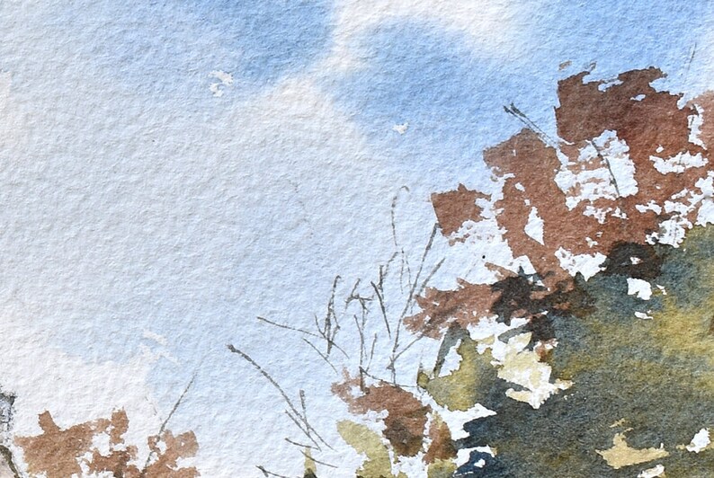 May include: Watercolor painting of a landscape with a blue sky and brown and green foliage. The artwork has a textured appearance, with visible brushstrokes and color blending. The painting evokes a sense of nature and tranquility.