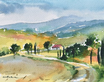 Tuscany Landscape Watercolor Painting, Italian Wall Art