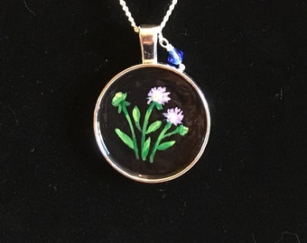 Handpainted Necklace Pendant painting flowers September birth month Aster with crystal