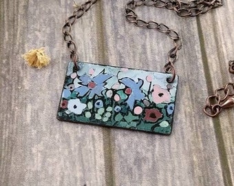 Small Meadow Necklace, purple pink red blue flowers, artisan copper enamel, horizontal  rectangular, vitreous kiln fired, Mother's Day gift