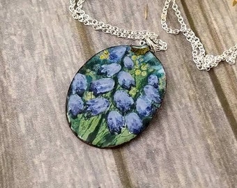 Blue Bellflowers pendant, oval, vitreous enamel painted on copper, 925 sterling silver chain, handcrafted artisan jewelry, Mother's Day gift