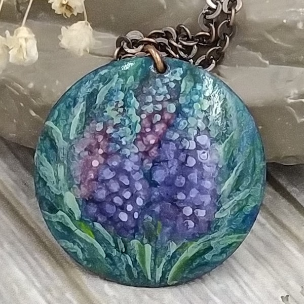Flowers Necklace, Purple, Violet, copper enamel, handmade enamelled kiln fired pendant, artisan jewelry, miniature flowers painting, crackle