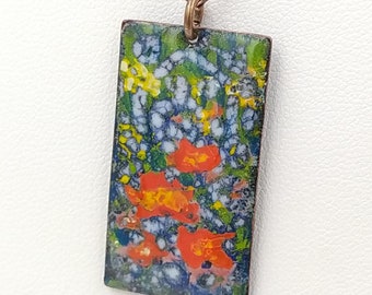 Scarlet red garden flowers - Rectangular Painting on Copper; Red, Yellow, Blue - Vitreous glass enamel, solid copper chain, crackle, miniatu