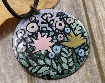 Decorative Flowers pendant, pink, blue, yellow flowers, green leaves, vitreous enamel painted on copper, genuine leather cord, handcrafted.