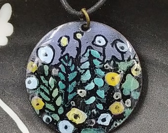 Flower Necklace - Light Blue and Yellow Flowers, Round Enamel Painting on Copper - Vitreous (glass) with sterling silver chain