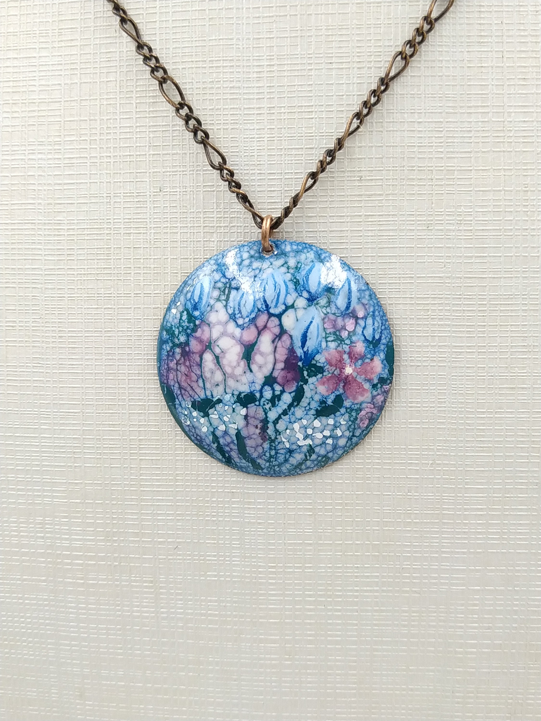 Flower Necklace, Pink Blue, Copper Enamel, Handmade
