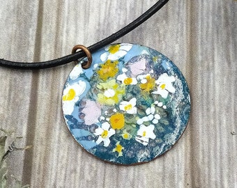 Meadow Flowers Necklace, pink white, yellow, leather cord, copper enamel, copper enamel pendant, necklace, vitreous enamel, painted flowers.